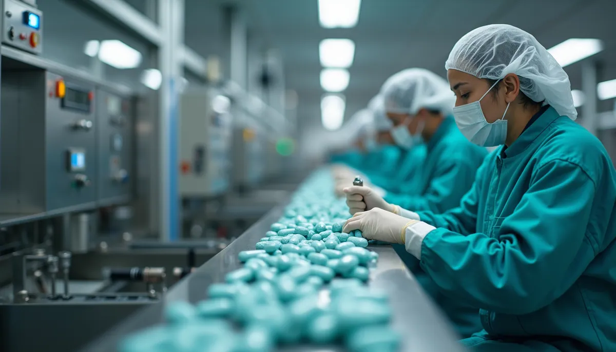 High angle view of a pharmaceutical production line in action