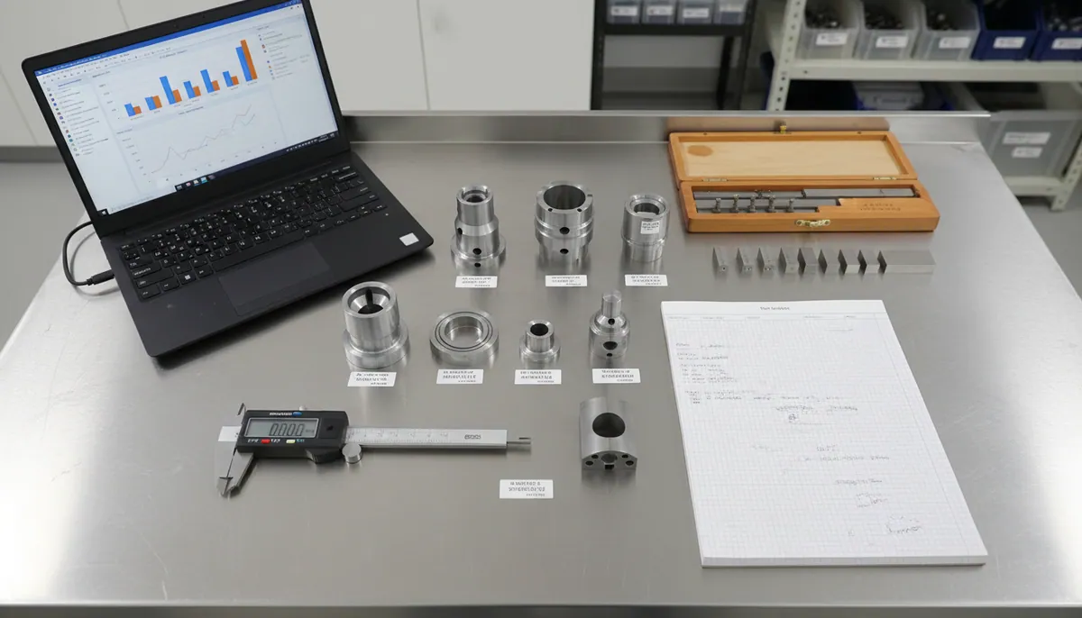 Overhead view of labeled measurement samples, calipers, and analysis notes on a stainless work surface