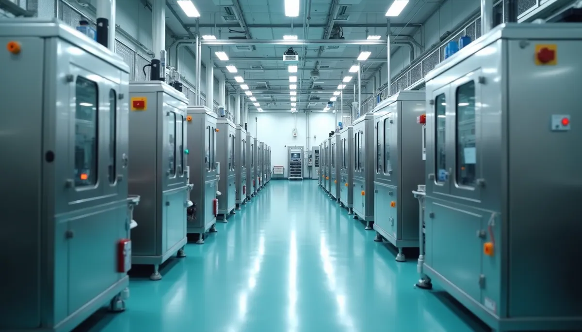 High angle view of a pharmaceutical factory floor with multiple automated machines operating