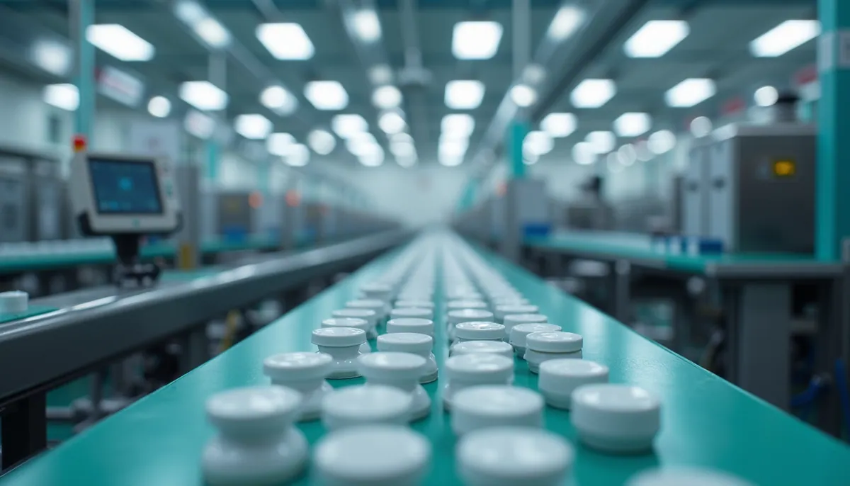 Eye-level view of a pharmaceutical production line with automated machinery
