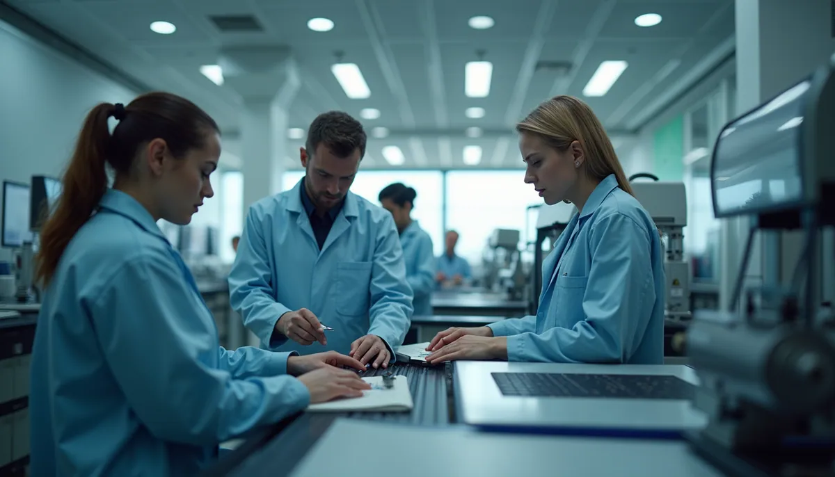 Wide angle view of a team working on machinery in a lab environment