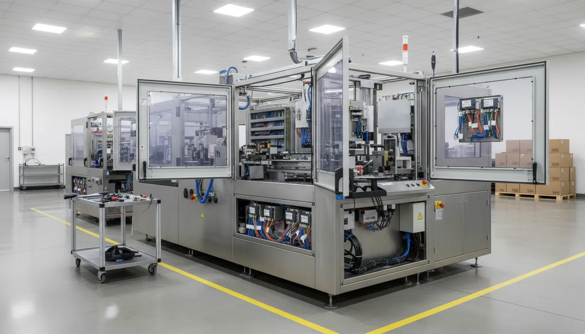 Wide-angle view of automated manufacturing equipment being inspected on a clean industrial floor