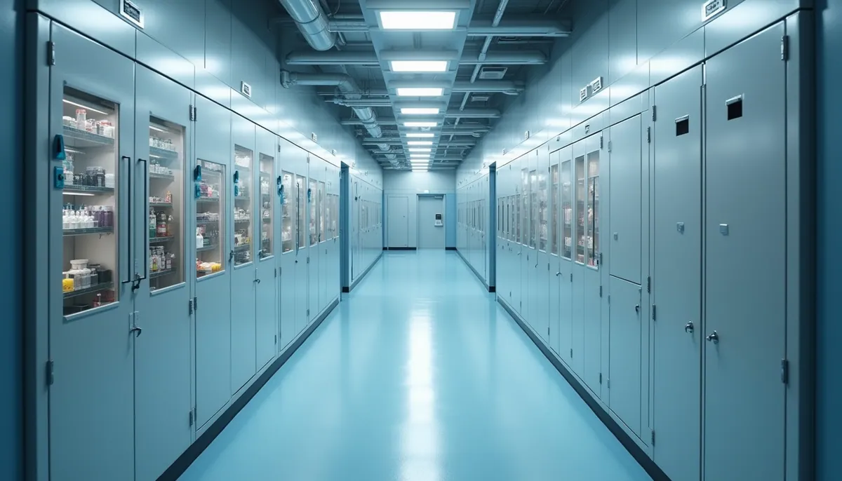 High angle view of pharmaceutical clean room with advanced electrical lighting and control systems