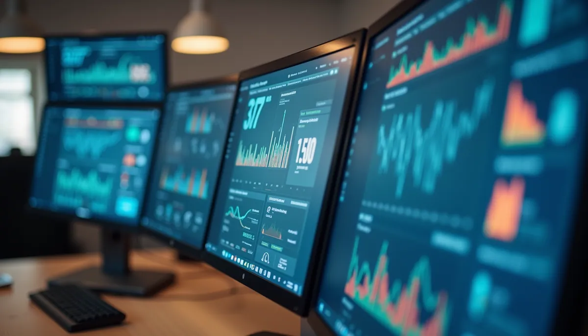 Eye-level view of a modern office workspace with multiple computer screens displaying compliance dashboards