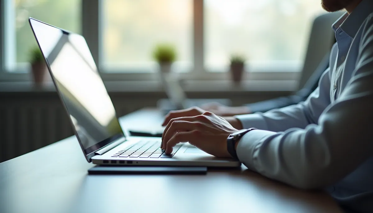 Close-up view of a consultant reviewing compliance documents on a laptop in a bright office