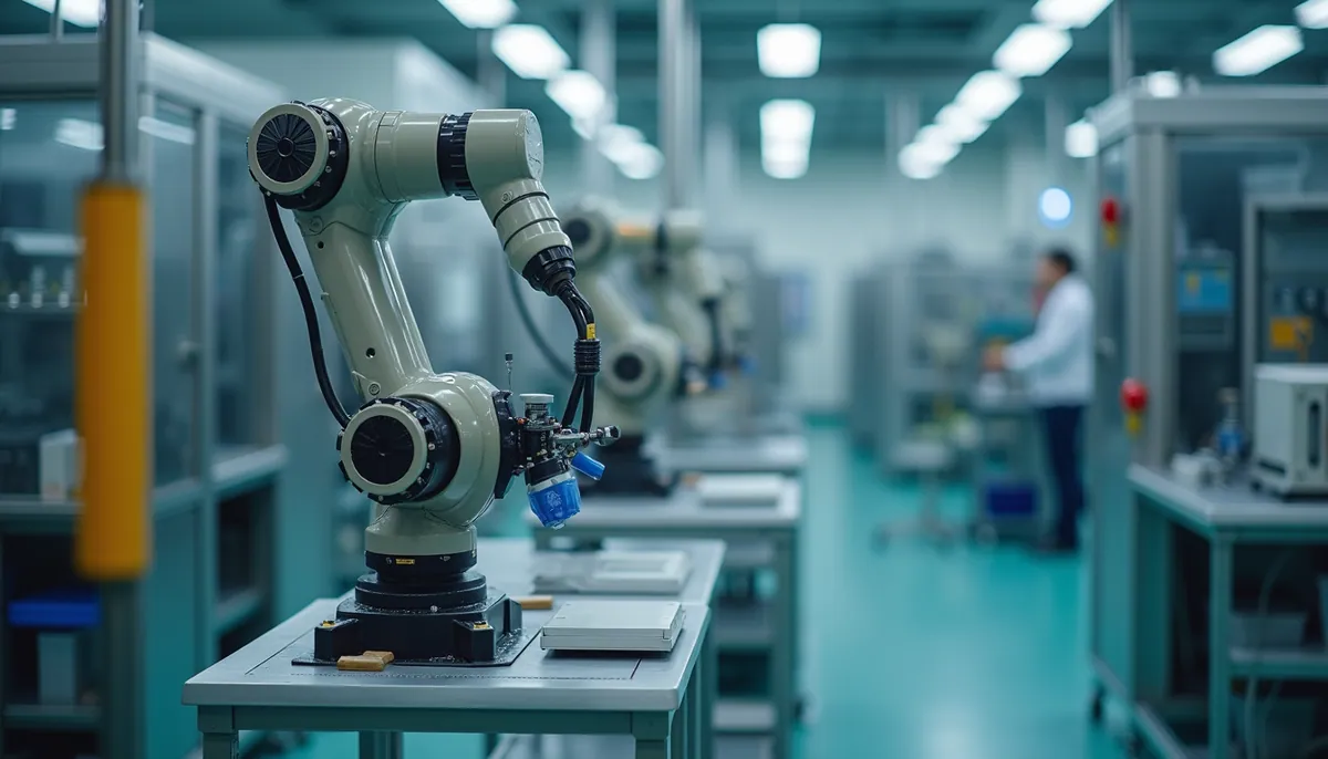 High angle view of robotics in drug manufacturing