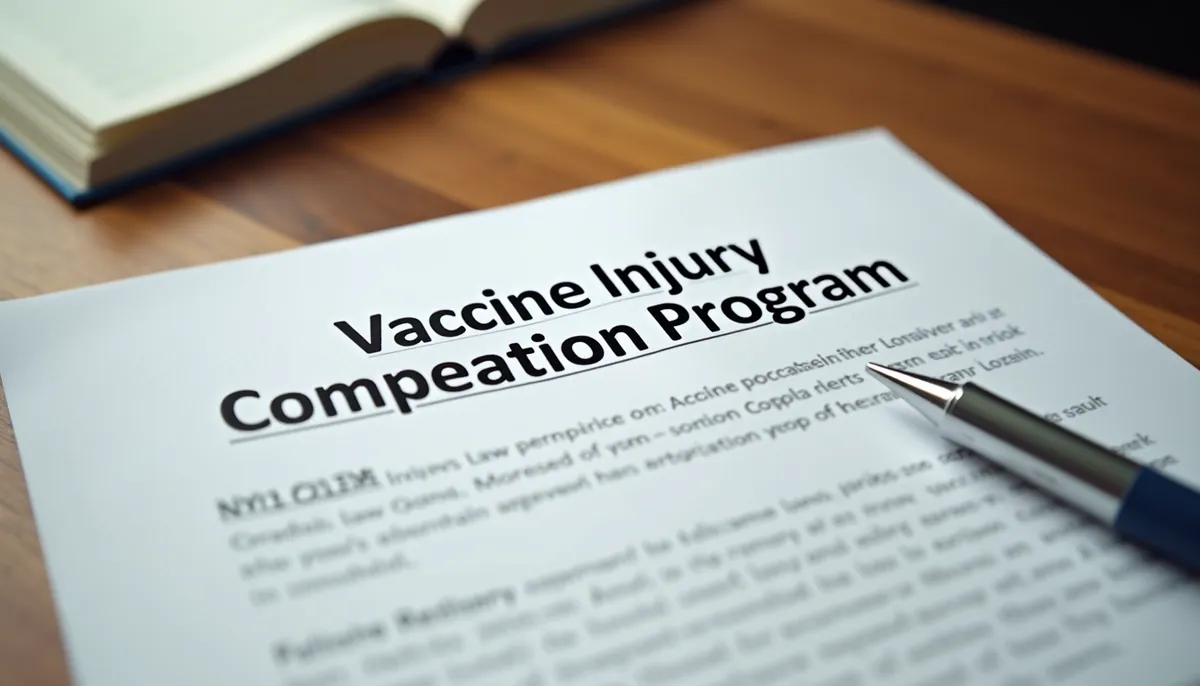 Close-up view of a legal document titled "Vaccine Injury Compensation Program" on a wooden desk