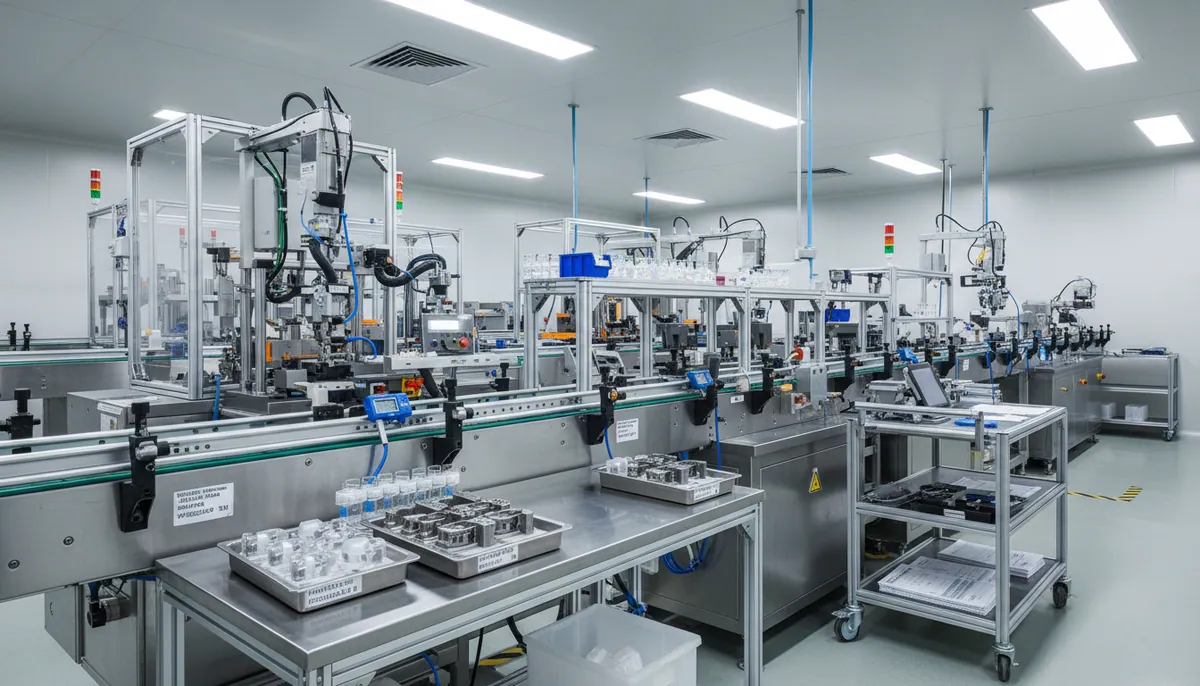 Eye-level view of a stainless steel production line with calibration tools and test parts arranged beside it