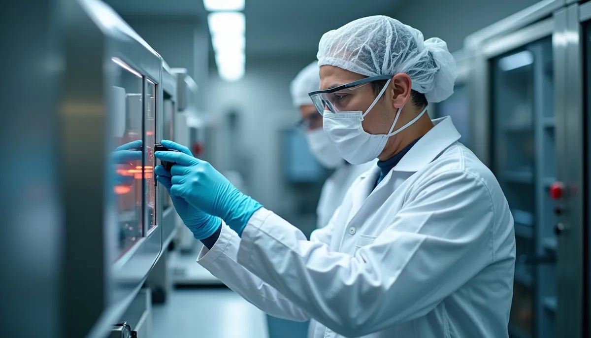 Eye-level view of a technician inspecting pharmaceutical equipment during system commissioning